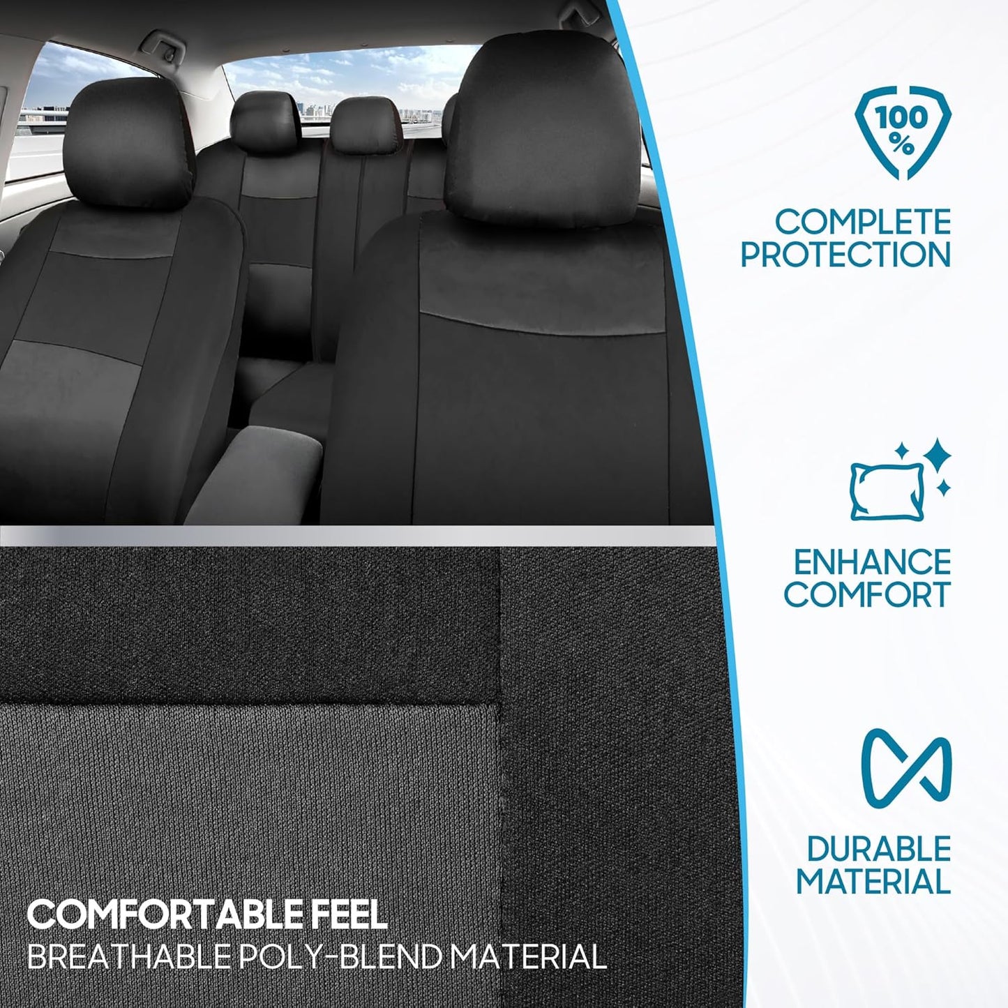 Polypro Car Seat Covers Full Set - Charcoal on Black | Easy Install Front & Rear Split Bench for Cars, Trucks, Vans, SUVs