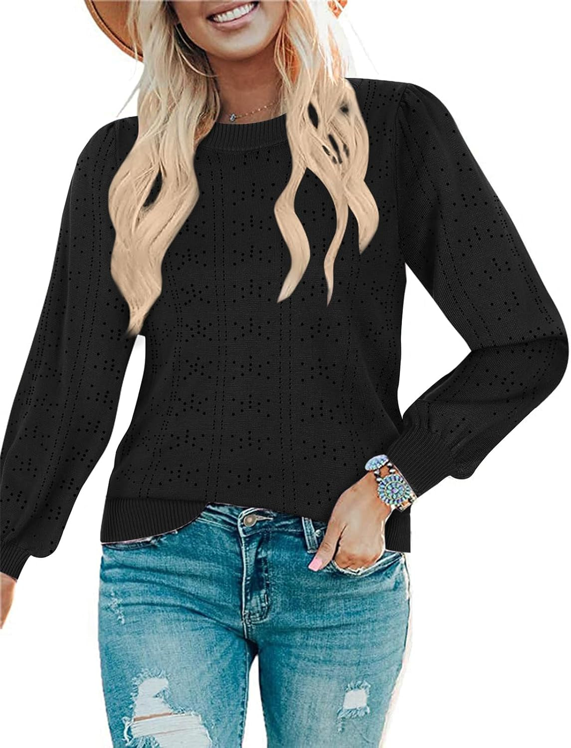 Women's Puff Sleeve Knit Sweater - Soft Crew Neck Pullover Top