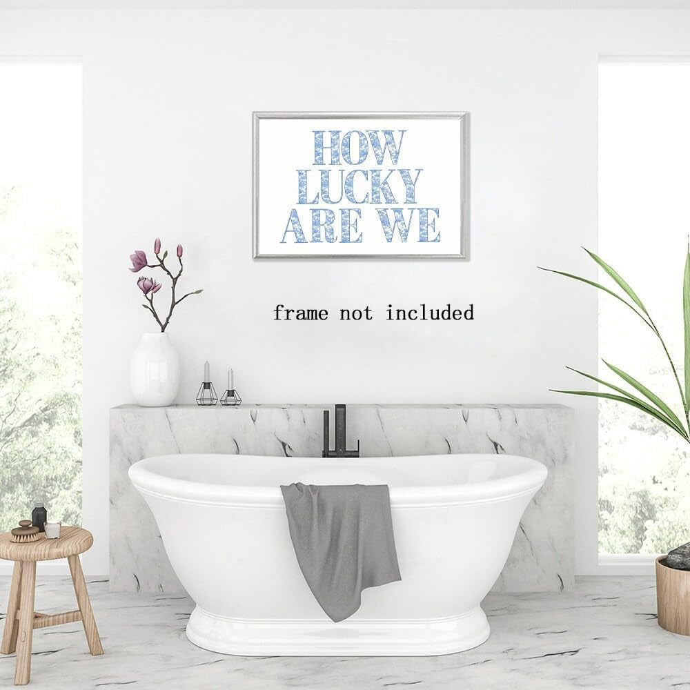 "How Lucky Are We" Retro Blue Floral Song Lyrics Wall Art - Trendy Grandmillennial Canvas Decor, Positive Affirming Quote Poster for Apartment, Bedroom, Dorm (Unframed, 8x12 Inch)