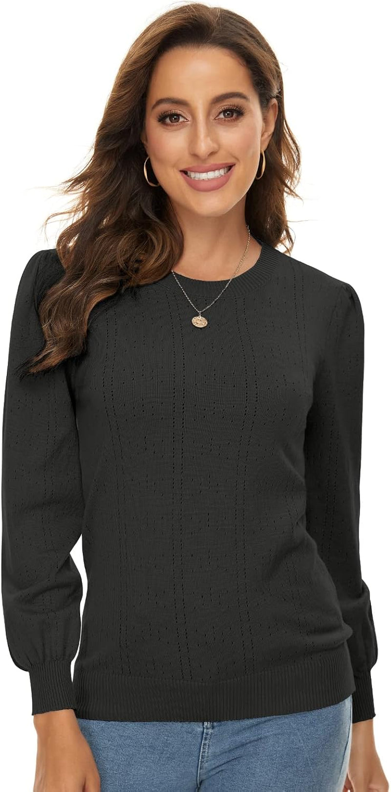 Women's Puff Sleeve Knit Sweater - Soft Crew Neck Pullover Top