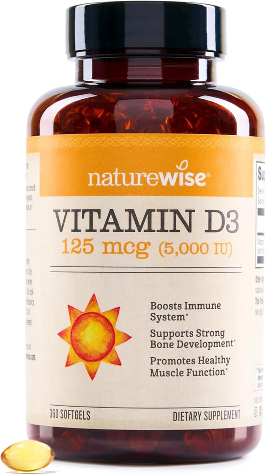 "Vitamin D3 5000 IU (125 mcg) Mini Softgels - Immune Support & Healthy Muscle Function - Non-GMO, Gluten-Free, Cold-Pressed Olive Oil - 360 Count