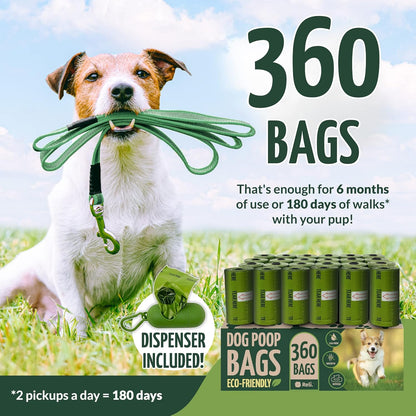 Eco-Friendly Dog Poop Bags with Holder – 360 Bags (24 Rolls) | Large 9x13" Dog Waste Bags | Green, Oxo-Biodegradable | Unscented with Dispenser