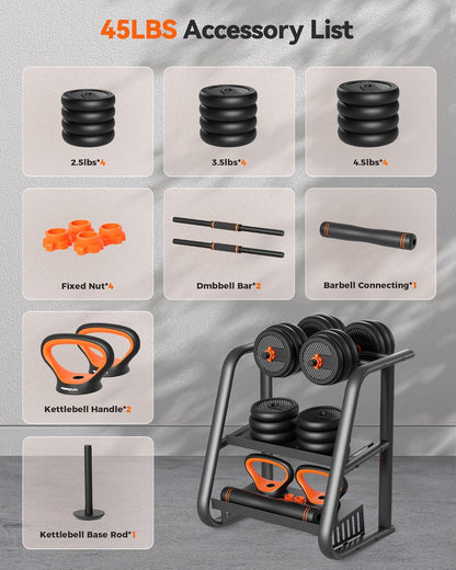 Versatile Adjustable Dumbbell Set | 20-90 Lbs | 4-in-1: Barbell, Kettlebells, Push-Up Stand | Ideal for Home Gym Workouts