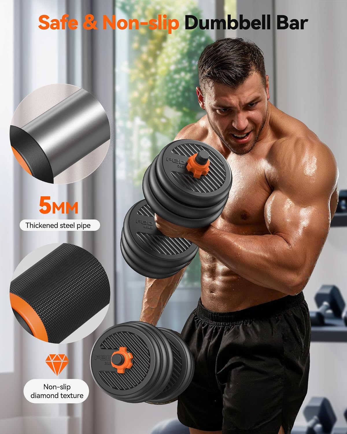 Versatile Adjustable Dumbbell Set | 20-90 Lbs | 4-in-1: Barbell, Kettlebells, Push-Up Stand | Ideal for Home Gym Workouts