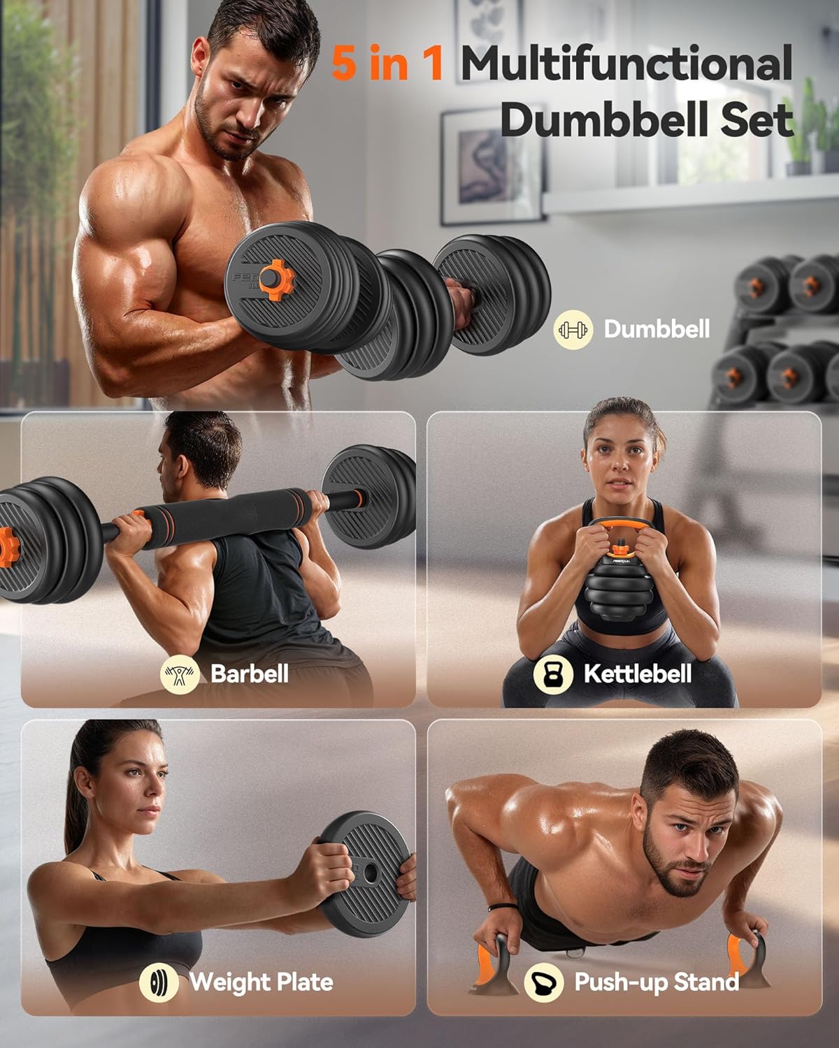 Versatile Adjustable Dumbbell Set | 20-90 Lbs | 4-in-1: Barbell, Kettlebells, Push-Up Stand | Ideal for Home Gym Workouts