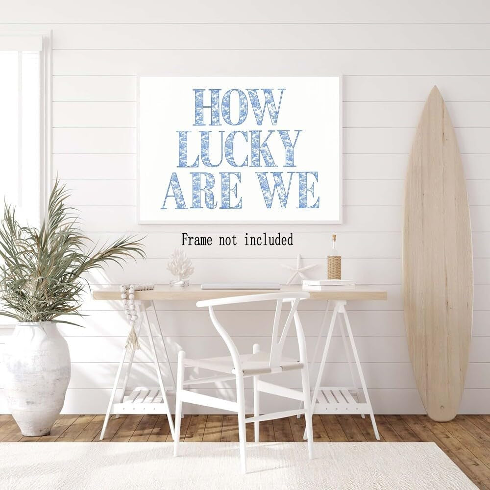 "How Lucky Are We" Retro Blue Floral Song Lyrics Wall Art - Trendy Grandmillennial Canvas Decor, Positive Affirming Quote Poster for Apartment, Bedroom, Dorm (Unframed, 8x12 Inch)