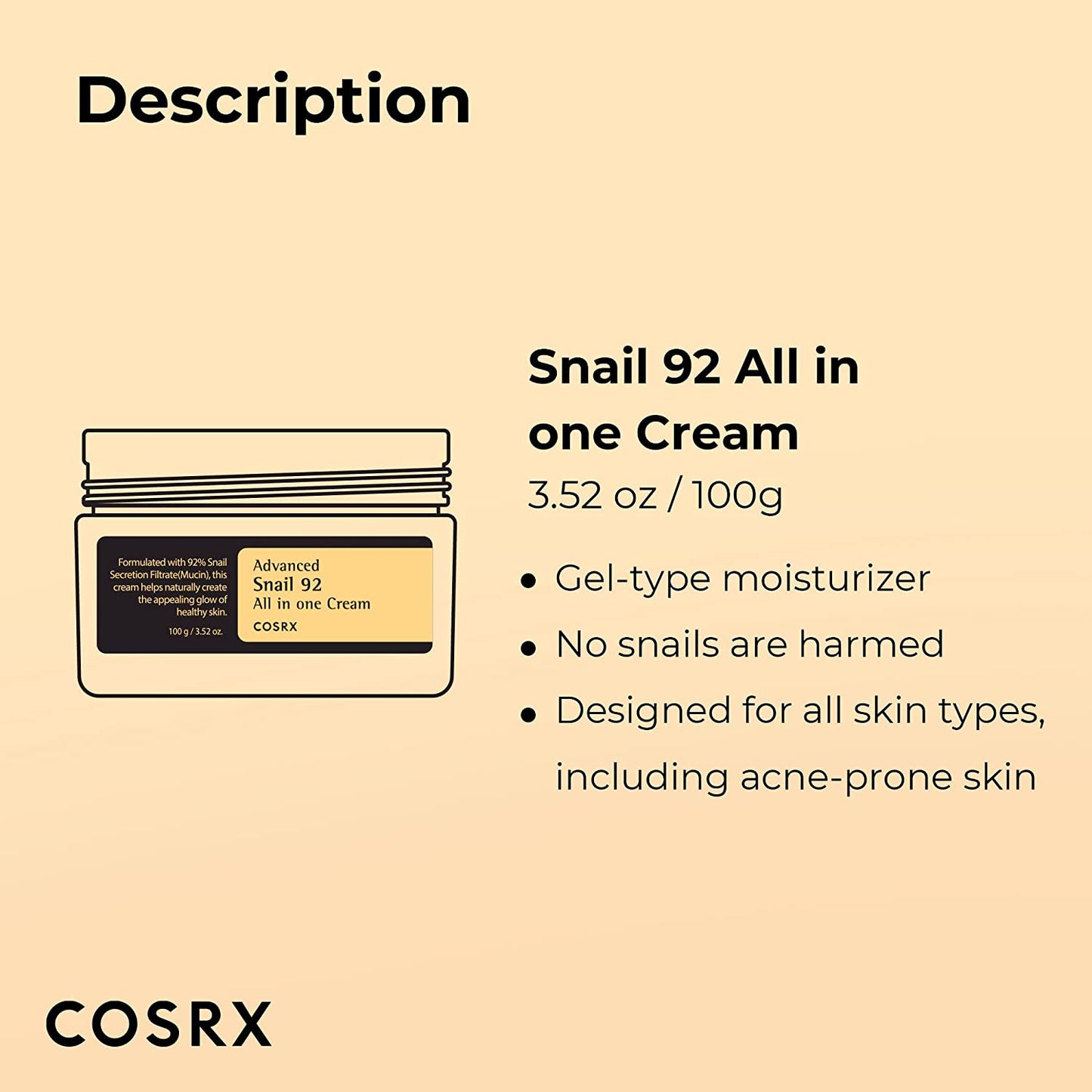 Snail Mucin 92% Face Moisturizer: Lightweight Cream for Soft, Glowy Skin, 3.52 Oz, Korean Skin Care