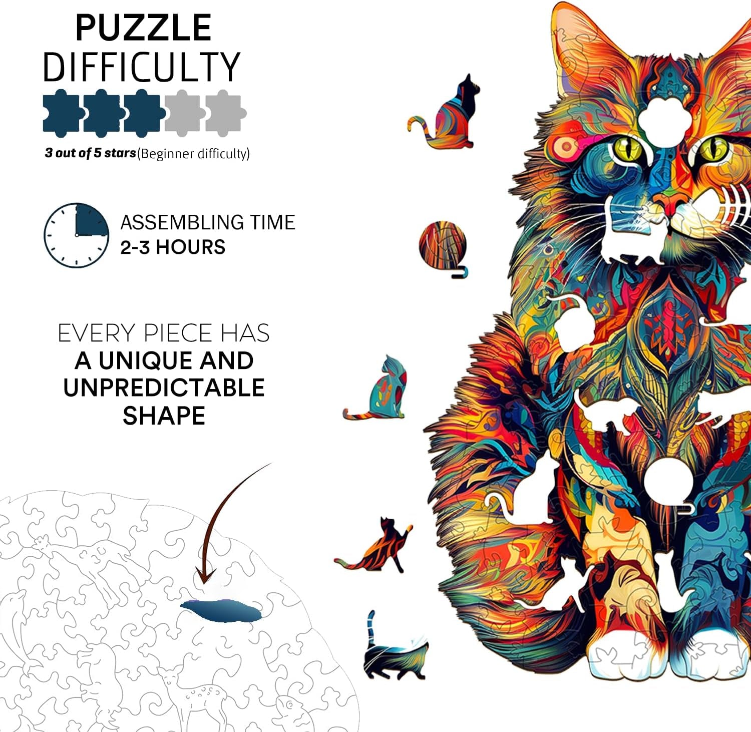 Cat Wooden Puzzle for Adults – 80-Piece Animal Shape Jigsaw | Unique Wood Cut, Perfect Christmas & Thanksgiving Gift for Family & Friends (S-8.3 x 6.6 In)