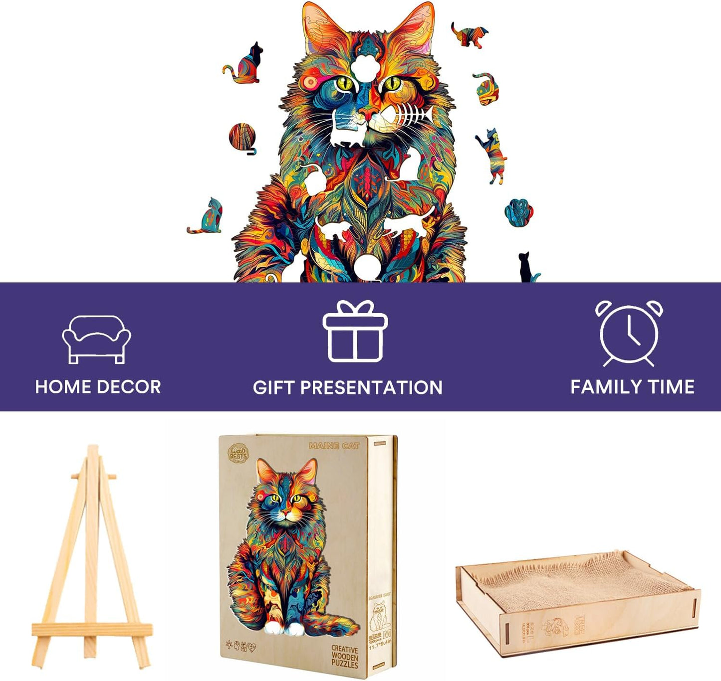 Cat Wooden Puzzle for Adults – 80-Piece Animal Shape Jigsaw | Unique Wood Cut, Perfect Christmas & Thanksgiving Gift for Family & Friends (S-8.3 x 6.6 In)