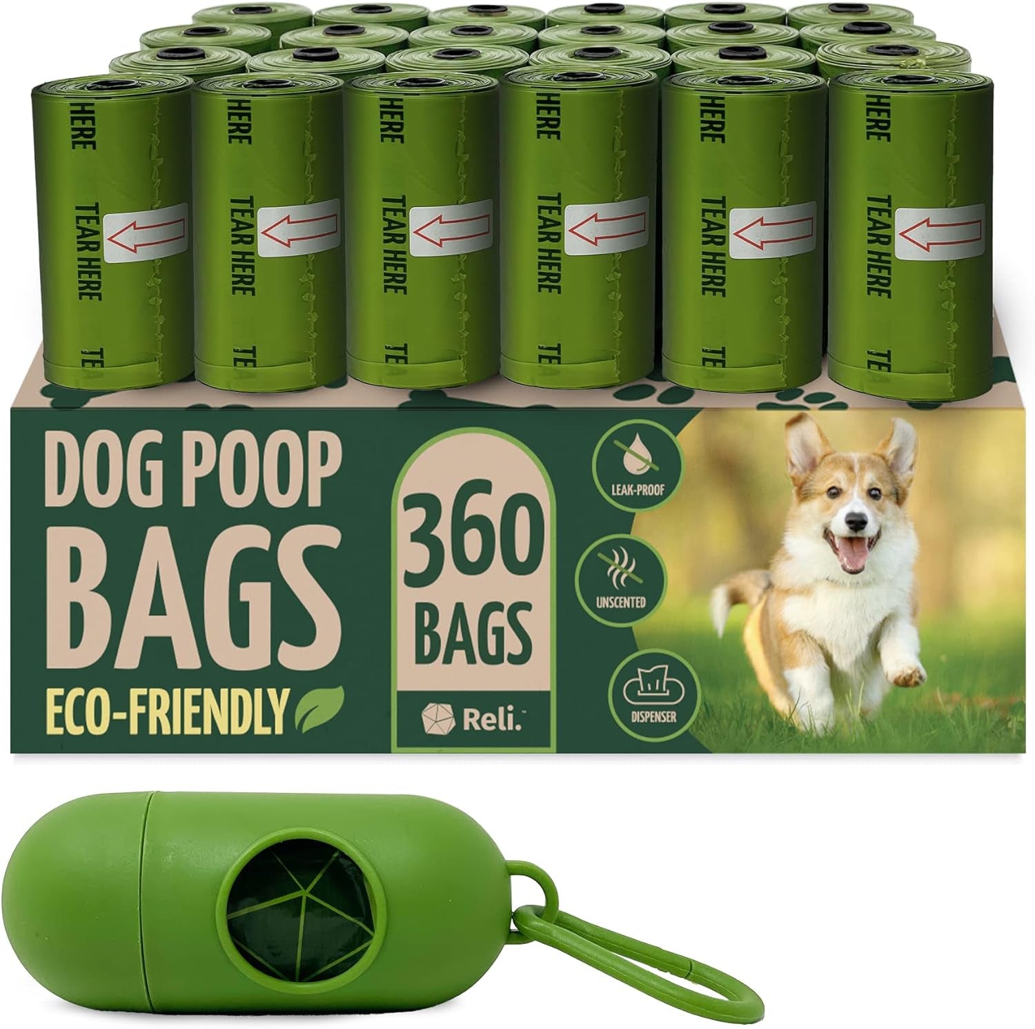 Eco-Friendly Dog Poop Bags with Holder – 360 Bags (24 Rolls) | Large 9x13" Dog Waste Bags | Green, Oxo-Biodegradable | Unscented with Dispenser