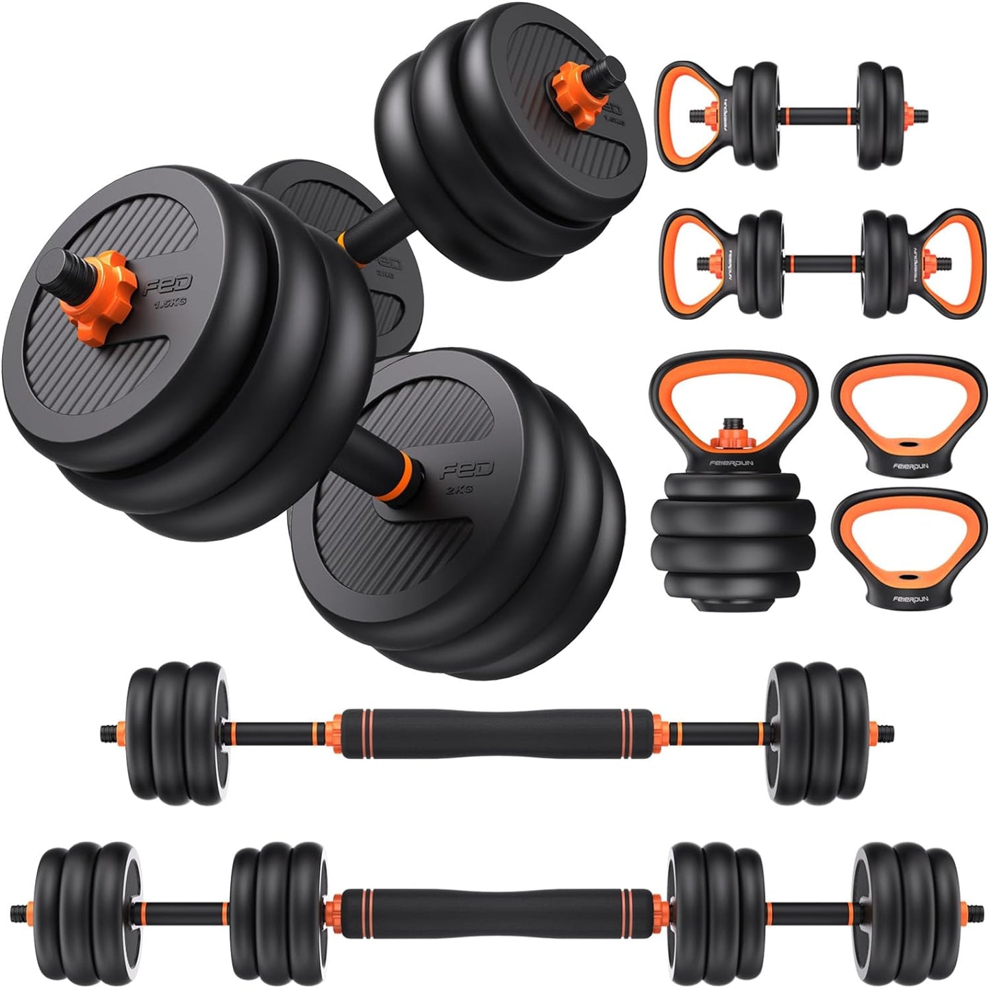 Versatile Adjustable Dumbbell Set | 20-90 Lbs | 4-in-1: Barbell, Kettlebells, Push-Up Stand | Ideal for Home Gym Workouts