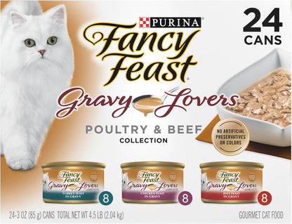 Purina Gravy Lovers Gourmet Wet Cat Food Variety Pack | Poultry & Beef Flavors | 24 Pack of 3 Oz Cans