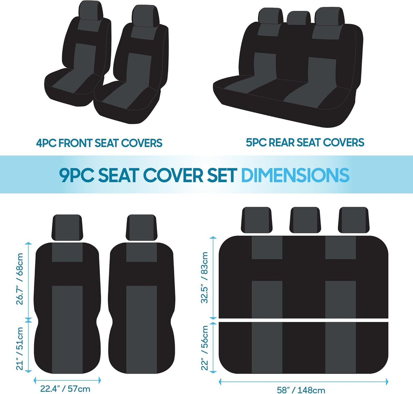 Polypro Car Seat Covers Full Set - Charcoal on Black | Easy Install Front & Rear Split Bench for Cars, Trucks, Vans, SUVs