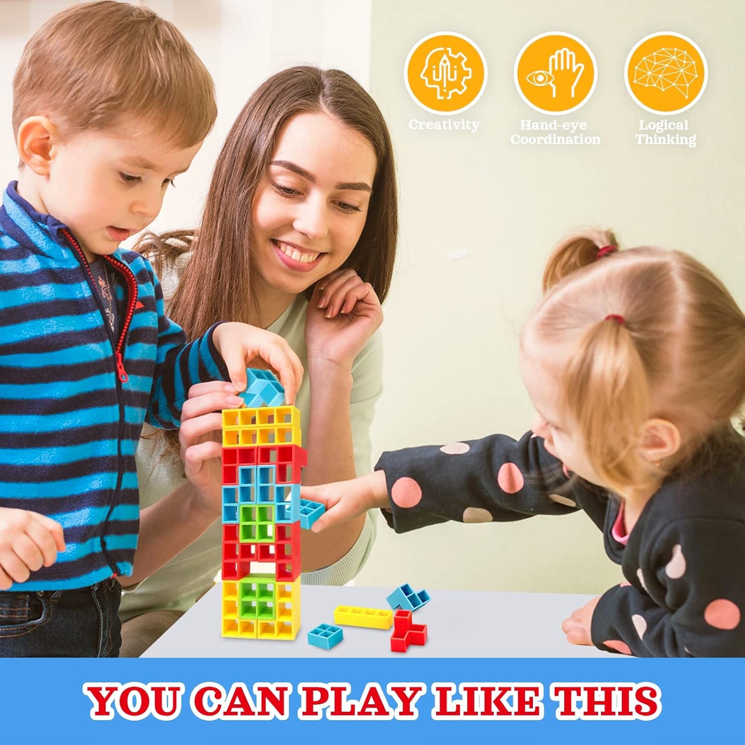 Tetra Balance Tower Stacking Game - 32 Pcs Team Building Blocks for Kids & Adults | Fun STEM Toy for 2 Players, Family, Parties & Travel