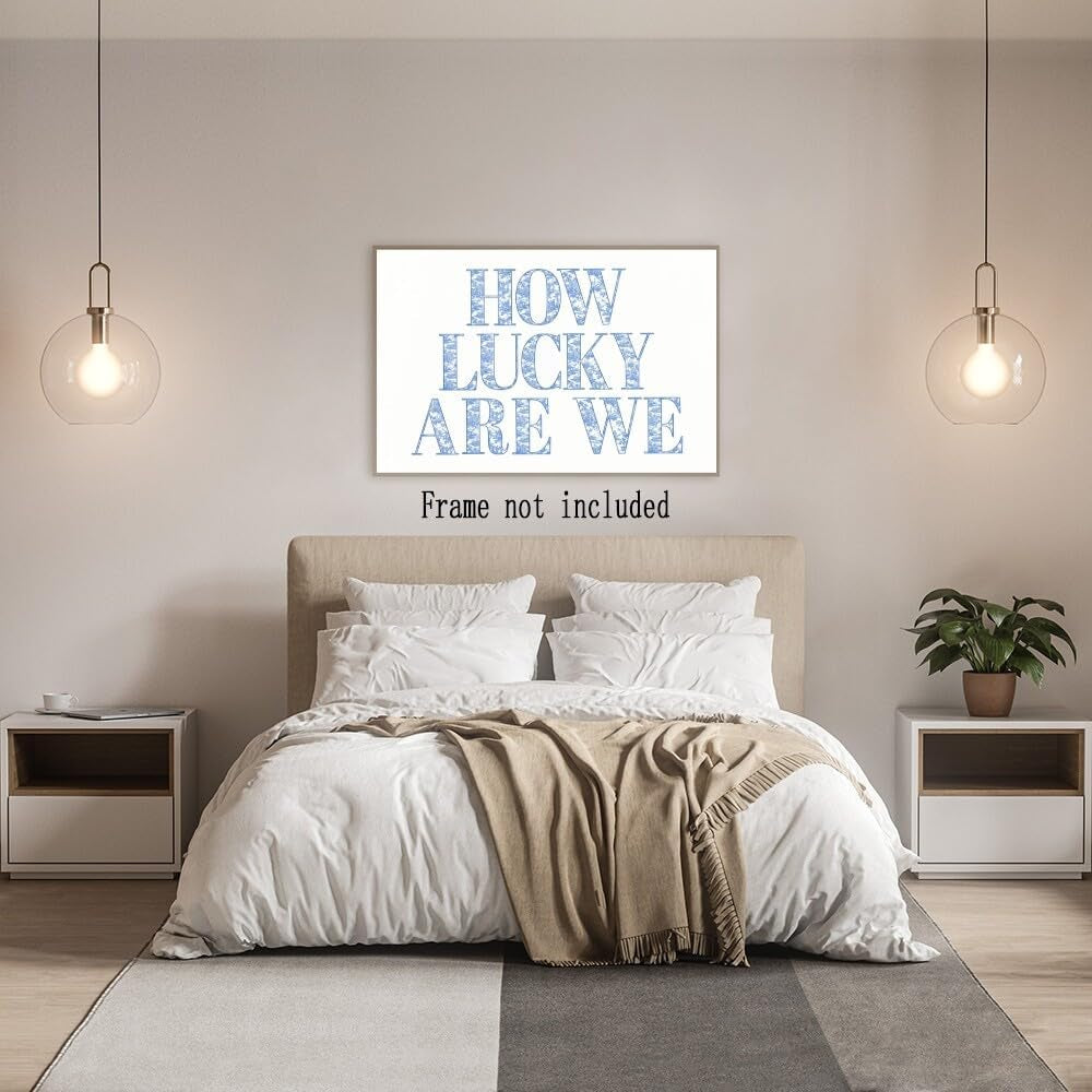 "How Lucky Are We" Retro Blue Floral Song Lyrics Wall Art - Trendy Grandmillennial Canvas Decor, Positive Affirming Quote Poster for Apartment, Bedroom, Dorm (Unframed, 8x12 Inch)